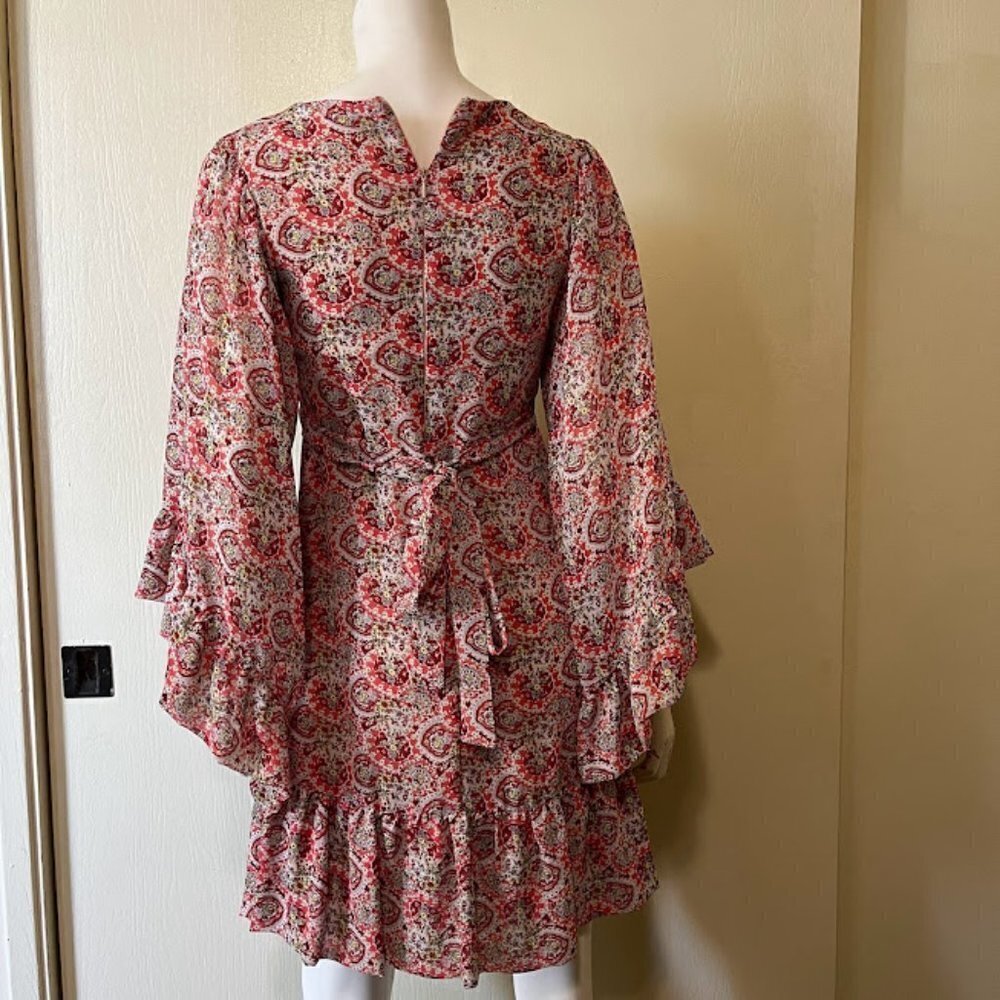 ⭐️ Betsey Johnson Red & Pink BOHO PRINCESS Long Sleeve Dress 🌺👑🔥 - Picture 3 of 4